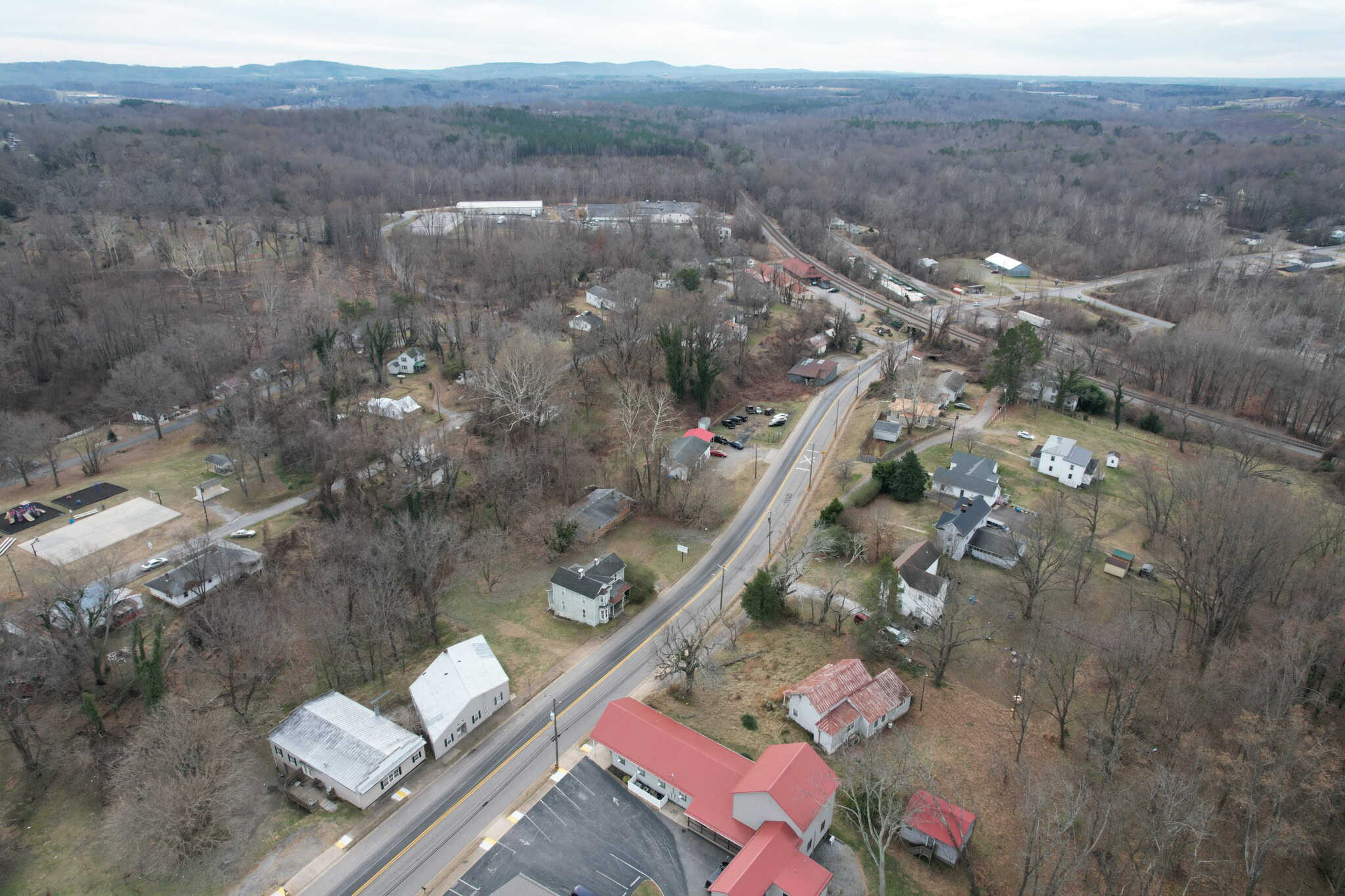 Aerial view of Depot Street/Route 57 coming into town, looking southwest.