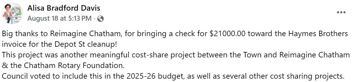 May show: A Facebook post thanking Reimagine Chatham for a $21,000 check to help pay for Depot St cleanup, noting council approval for future project funding.