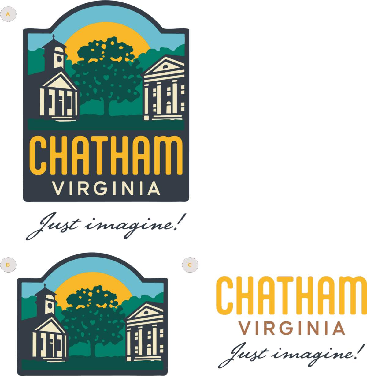 The new logo for Chatham, Virginia, featuring stylized buildings, trees, a sunset, and the slogan "Just imagine!" in script font, along with graphic-only and text-only variants.