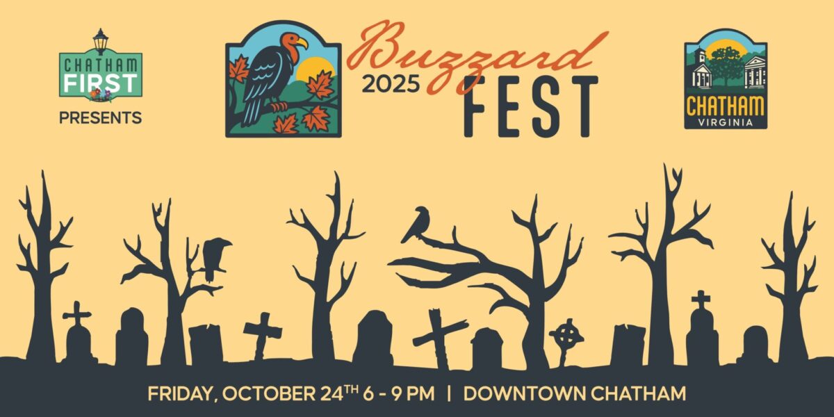 Buzzard Fest 2025 event poster with a buzzard illustration, graveyard silhouettes, and event details: October 24th, 6-9 PM, Downtown Chatham.