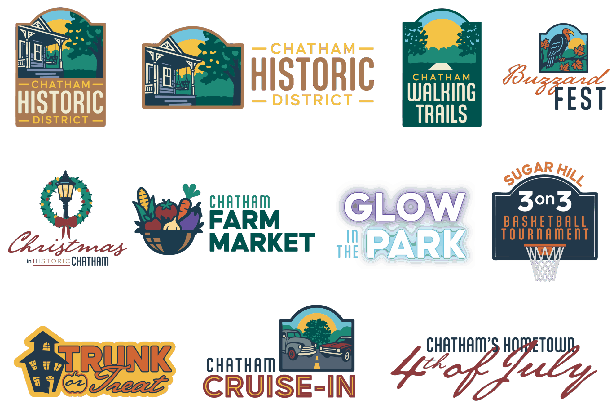 A collection of eleven colorful logos for various Chatham amenities and events: Chatham Historic District, Chatham Walking Trails, Buzzard Fest, Christmas in Historic Chatham, Chatham Farm Market, Glow in the Park, Sugar Hill 3-on-3 Basketball Tournament, Trunk or Treat, Chatham Cruise-In, and Chatham's Hometown 4th of July.